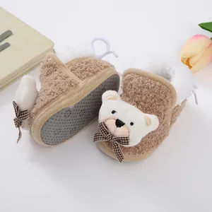 Soft plush baby winter cotton shoes with cute cartoon bear and warm fleece lining