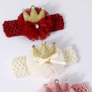 Elegant baby girl crown headbands with lace mesh flower pearl bow and glitter crown