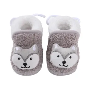 Cute gray fox-themed baby walking shoes with warm white plush lining for winter