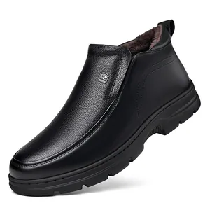 Bottes de neige en cuir noir pour homme avec doublure en peluche et semelle épaisse