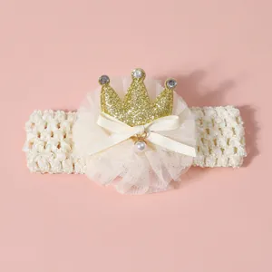 Baby princess headband with lace flower, golden glitter crown and cream bow accessory