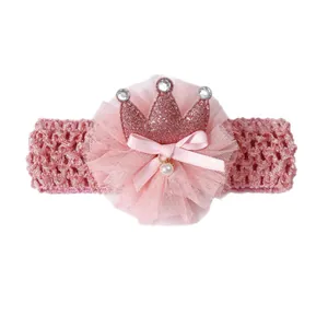 Pink baby crown headband with mesh tulle and elegant satin bow for princess toddler girls