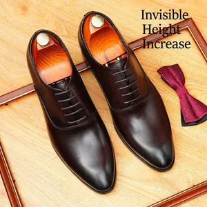 Genuine Leather Men Business Formal Oxford Shoes Hidden Height Increase Pointed Toe Breathable Lace Up Dress Shoes Footwear