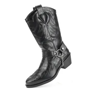 Men's Dark Rock Western Cowboy Boots Crocodile Pattern Metal Chain Buckle Mid Calf Boots Pointed Toe Chunky Heel Knight Boots