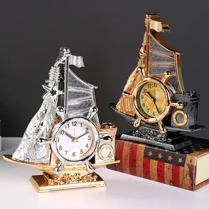 Réveil Créatif en Forme de Voilier Ornement de Bureau en Résine Avec Porte-stylo Horloge Nautique Rétro Pour Bureau À Domicile