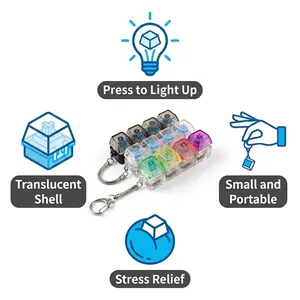 Transparent mechanical switch keycap keychain with LED light-up stress relief feature.