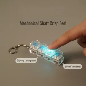 Macro detail of high-transparency PC mechanical switch stress-relief keychain with blue LED