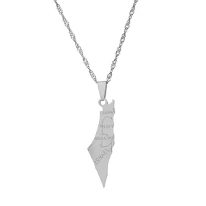 Roestvrijstalen ketting met hanger van de kaart van Israël en gravures van steden als Haifa