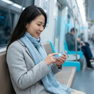 Close-up of a woman using a transparent 4-key LED keyboard fidget toy on a subway