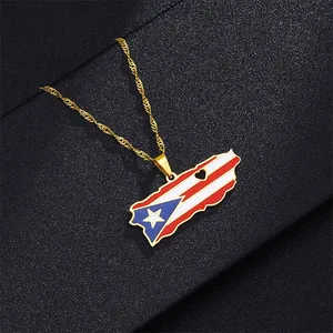 Collana mappa Porto Rico oro con ritaglio a cuore e design bandiera, gioiello in acciaio.