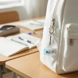 Detailed view of clear mechanical switch fidget keychain hanging on white canvas backpack.
