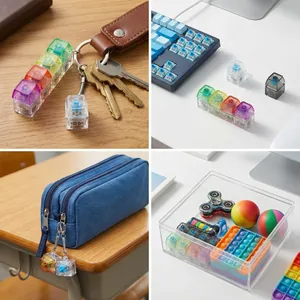 Transparent mechanical keyboard switch fidget toy keychain shown in various daily usage scenes