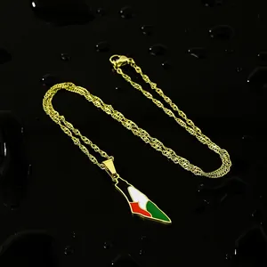 Gedetailleerd zicht op een goudkleurige ketting met Palestina-hanger op natte zwarte grond
