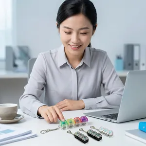 Detail showing a woman using a transparent mechanical keyboard switch keychain fidget toy