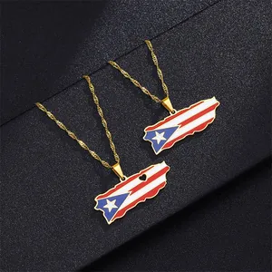 Collana con Ciondolo Mappa Porto Rico Acciaio Inossidabile Goccia d'Olio Bandiera Design Cuore Stile Etnico Donna Uomo Gioielli Souvenir