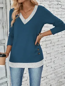 Haut décontracté à manches longues et col en V bleu et gris avec boutons pour femme.