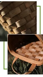 Vue détaillée d'un panier de rangement tressé à la main avec la texture du bois naturel