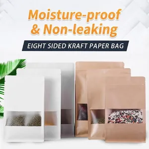 Frosted Kraft Paper Stand Up Pouch Eight Side Seal Self Sealing Packaging Bags With Clear Window For Food Tea Storage