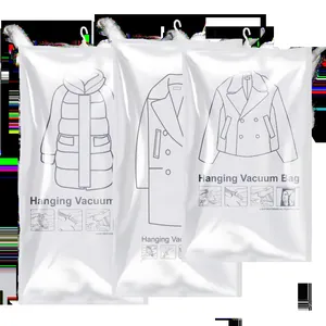 Set of three transparent hanging vacuum bags for clothes storage and organization.