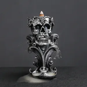 Gothic Skull Holy Grail Backflow Incense Burner Resin Antique Silver Finish Mysterious Smoke Waterfall Home Decor Ornament