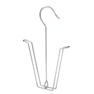 Detailed view of the durable stainless steel shoe drying rack with pink protective hook tip