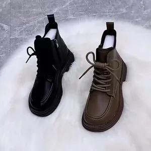 Women's Retro British Style Martin Boots Thick Sole Platform Lace-up Side Zipper PU Leather Ankle Boots Warm Winter Shoes