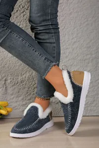 Cozy grey fleece-lined snow boots with white faux fur trim and decorative stitching