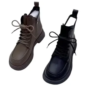 Vintage British style thick sole lace-up Martin boots for women in green and black