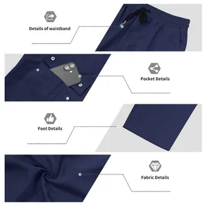 Detailansicht von Bund, Tasche, Saum und Stoffstruktur der dunkelblauen Cargohose.