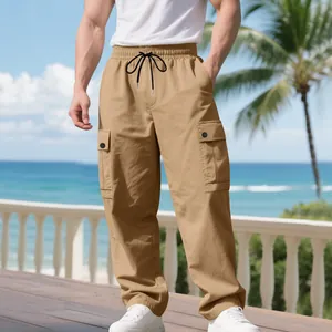 Khakifarbene Herren-Cargohose mit mehreren Taschen und lockerer, gerader Passform