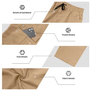 Detailansichten der khakifarbenen Cargo-Hose für Herren: Bund, Taschen und Stoffstruktur.