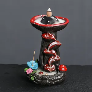 Handmade Mushroom Backflow Incense Burner Resin Waterfall Smoke Censer Creative Home Decor Ornament With Ladybug Flower