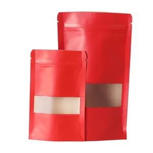 Rote Standbodenbeutel aus Kraftpapier mit Sichtfenster und Druckverschluss für Lebensmittel