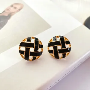 Detail view of vintage circular hollow enamel earrings with 925 silver needles.