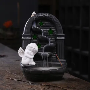 European Style Cupid Backflow Incense Burner Ceramic Angel LED Light Smoke Fountain Incense Holder Home Office Desktop Decor