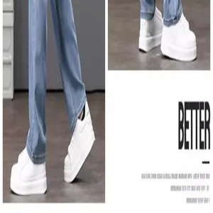 Vista dettagliata di jeans da uomo in leggero Tencel abbinati a sneaker bianche platform