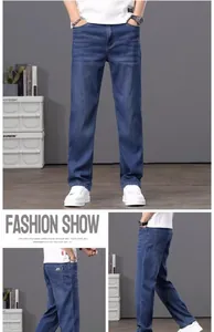 Viste dettagliate dei jeans in Tencel blu da uomo a gamba dritta per l'estate.