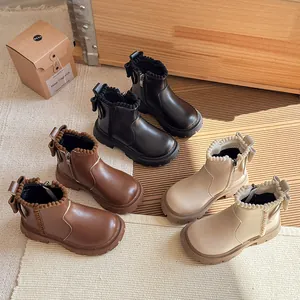 Girls British Style Martin Boots Bowknot Pom-Pom Trim Side Zipper Plush Lined Non-Slip Soft Sole Kids Winter Short Leather Boots