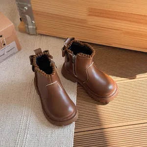 Brown children's British style ankle boots with side zipper and warm plush lining