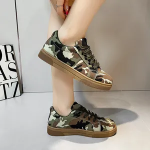 Detail view of women's camouflage canvas sneakers with durable casual flat soles.