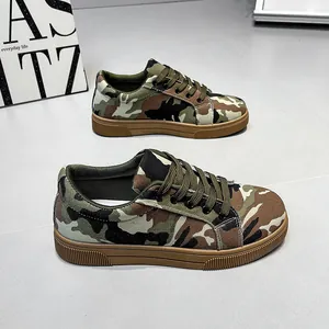 Close-up of women's camouflage canvas sneakers featuring durable brown rubber soles