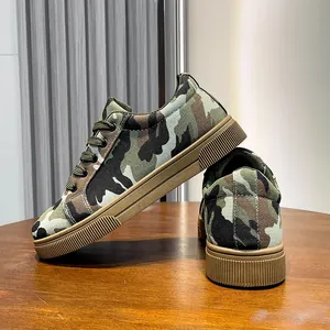 Detailed side view of women's camouflage canvas shoes featuring durable rubber soles