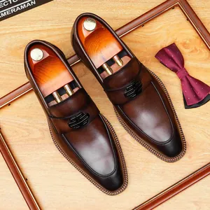Men Business Loafers First Layer Cowhide Leather Shoes Slip-On Metal Buckle Breathable Commuter Formal Dress Leather Shoes
