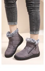 Detailed view of women's gray snow boots with faux fur trim and side zipper