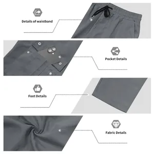 Detaillierte Funktionsübersicht der grauen Cargohose für Herren mit Bund und Taschen