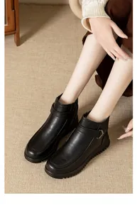 Elegant black leather comfort ankle boots for women with soft non-slip thick soles