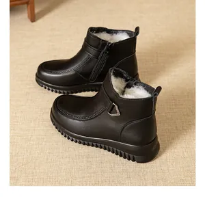 Comfortable warm black winter ankle boots for elderly women with soft faux fur lining