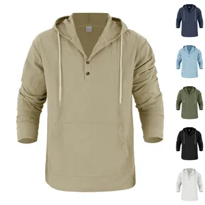 Detailed view of khaki linen henley hoodie showing fabric texture and color variants