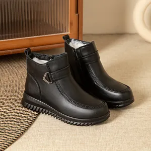 Women Winter Genuine Leather Ankle Boots Thick Artificial Plush Lining Warm Non-Slip Soft Sole Casual Shoes For Elderly