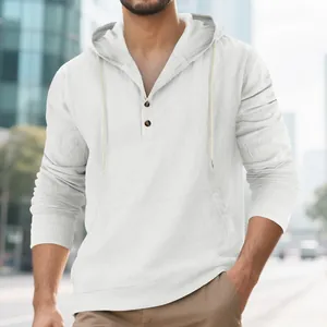 White men's long sleeve linen hooded Henley shirt with front kangaroo pocket details